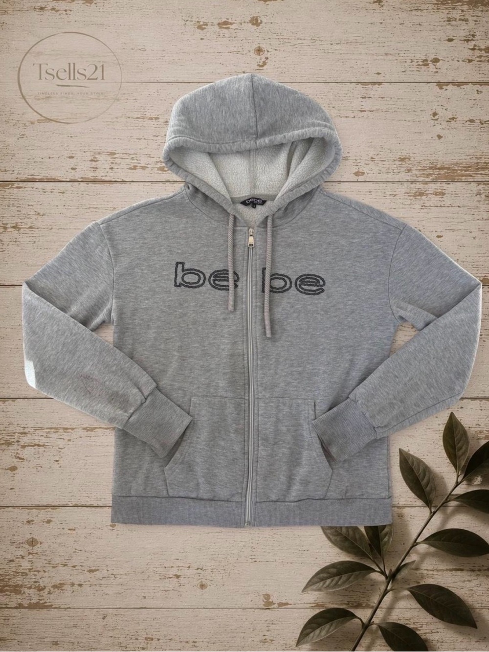 Bebe Vintage Y2K Grey Cotton Blend Zip-Up Hoodie with Thumb Holes - Size M